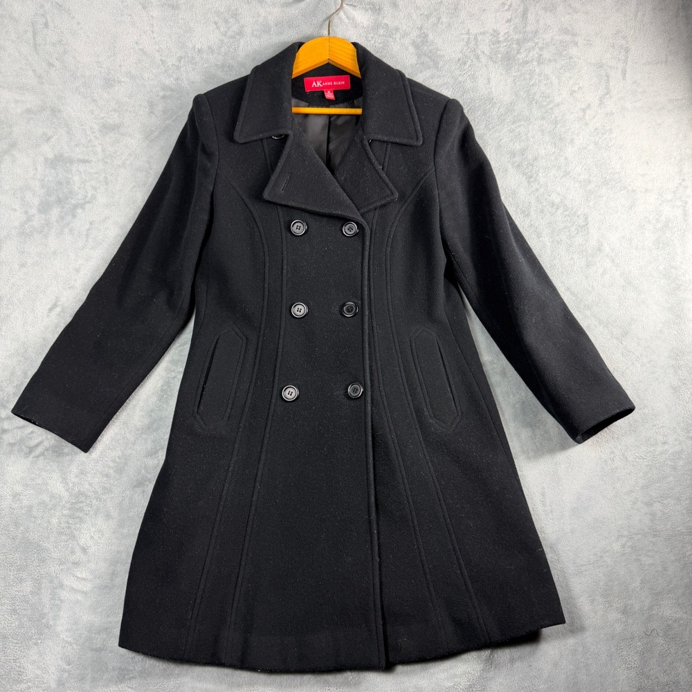Anne Klein Womens Medium Black Peacoat Double Breasted Wool Blend Quiet Luxury